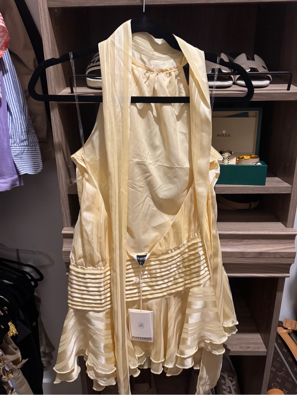 Peppermayo Soft Yellow Satin Halter Dress - Picture 1 of 4